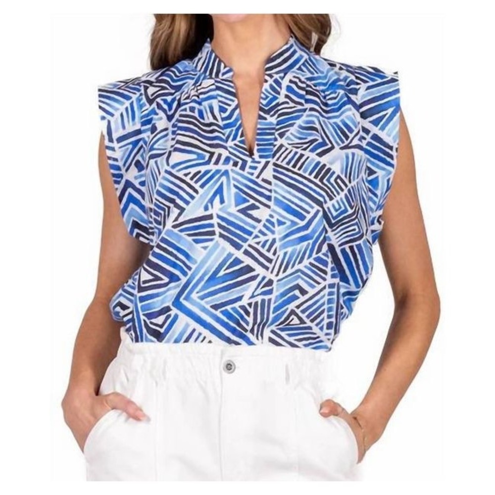 Willa Story Annie Blouse Blue White Office Work Ikat Print Sleeveless Small